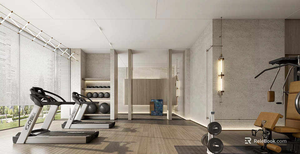 Modern Fitness Gym Space With Treadmills Dumbbells Exercise Balls And Storage Cabinets On Wooden Flooring 3d model 