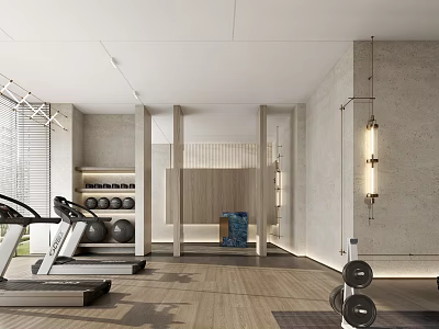 Modern Fitness Gym Space With Treadmills Dumbbells Exercise Balls And Storage Cabinets On Wooden Flooring 3d model