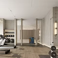 Modern Fitness Gym Space With Treadmills Dumbbells Exercise Balls And Storage Cabinets On Wooden Flooring