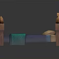 Wooden Bed with Carved Posts Pointed Tops Green Ornament Blue Bedspread Turquoise Blanket