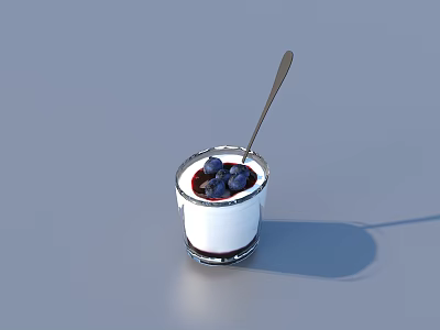 Creamy White Yogurt Drink with Fresh Blueberries in Glass Cup and Spoon on Gray Background 3d model
