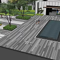 Modern Garden Landscape Design With Open Square Geometric Pavement Fountains And Green Plants
