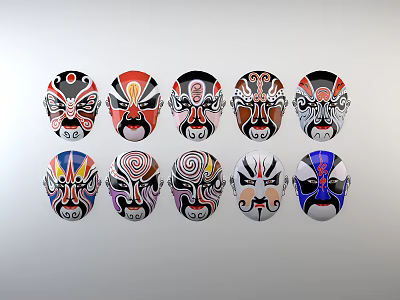 Traditional Colorful Carved Peking Opera Masks With Intricate Patterns And Designs 3d model