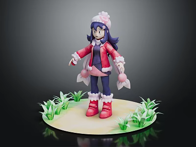 Cute 3D Character Model with Pink Coat Blue Hair Hat and Green Leafy Plants 3d model