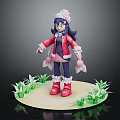 Cute 3D Character Model with Pink Coat Blue Hair Hat and Green Leafy Plants