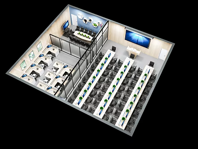 Bird's Eye View Of Modern Office Layout With Workstations Cubicles Green Plants And Wall Screen 3d model