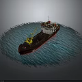 Cargo Ship with Red Hull White Superstructure and Yellow Crane on Blue Wavy Water Surface