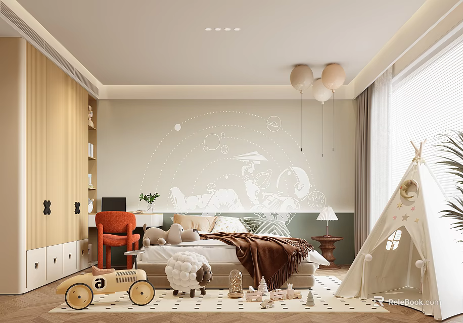 Kids Room Interior Design With Space Theme Wall Decals Teepee Tent And Toy Car 3d model 