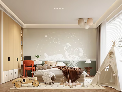 Kids Room Interior Design With Space Theme Wall Decals Teepee Tent And Toy Car 3d model