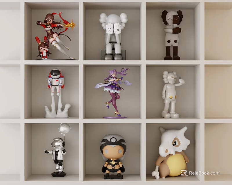 Collectible Dolls Display on White Grid Shelf with Various Characters and Styles 3d model 