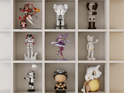 Collectible Dolls Display on White Grid Shelf with Various Characters and Styles 3d model