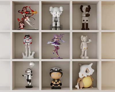 Collectible Dolls Display on White Grid Shelf with Various Characters and Styles 3d model