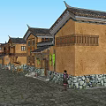 Traditional Guesthouse Architecture Along Ancient Stone Paved Street With Red Lanterns And Wooden Facades