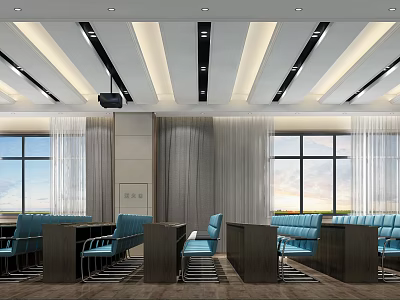 Modern Conference Room Interior Design With Blue Chairs Long Tables Large Windows And Projector 3d model