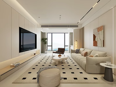 Modern Cream Style Cozy Living And Dining Room With Soft Furnishings And Large Window Views 3d model
