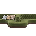 Green Velvet Sectional Sofa With Wooden Armrests And Tufted Design Throw Pillows