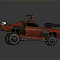 Red Modified Car With Mounted Guns Solar Panel Roof And Metal Armor Parts