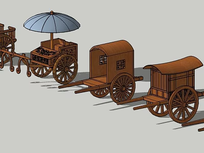 Wooden Horse Carriages With Various Designs Featuring Umbrella And Traditional Carriage Structures 3d model