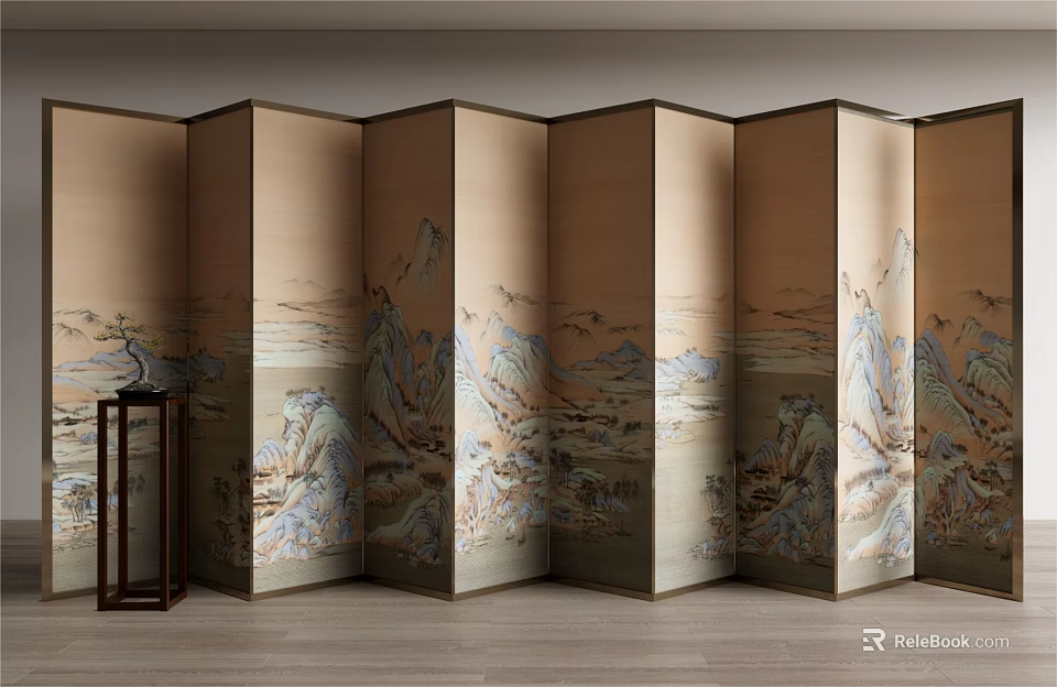 Traditional Chinese Foldable Screen With Hand Painted Landscape Scenes For Home Interior Decoration 3d model 