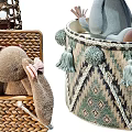 Cute Soft Plush Toys in Various Wicker Baskets with Tassel Details