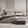 Elegant Modern Bedroom Interior With Upholstered Headboard Striped Wall And Herringbone Rug