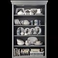Gray And Dark Gray Glass Door Display Cabinets With Dishes Bowls Plates Cups And Books