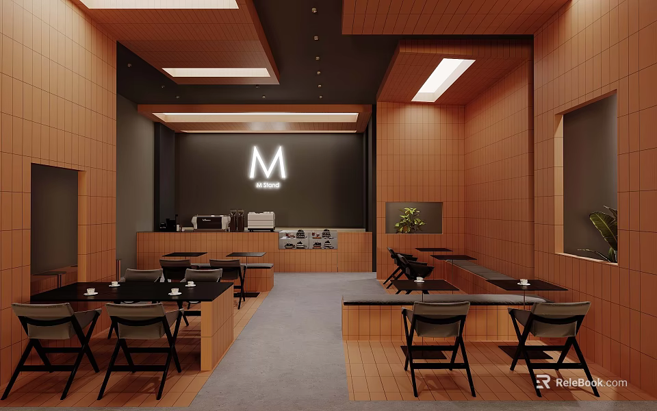 Modern Café Interior Design With Wooden Walls Ceiling Lights Bar Counter And Tables 3d model 