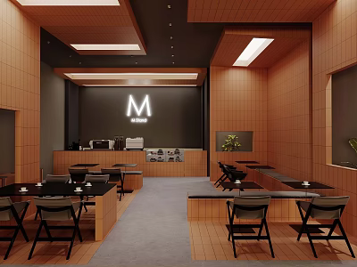 Modern Café Interior Design With Wooden Walls Ceiling Lights Bar Counter And Tables 3d model