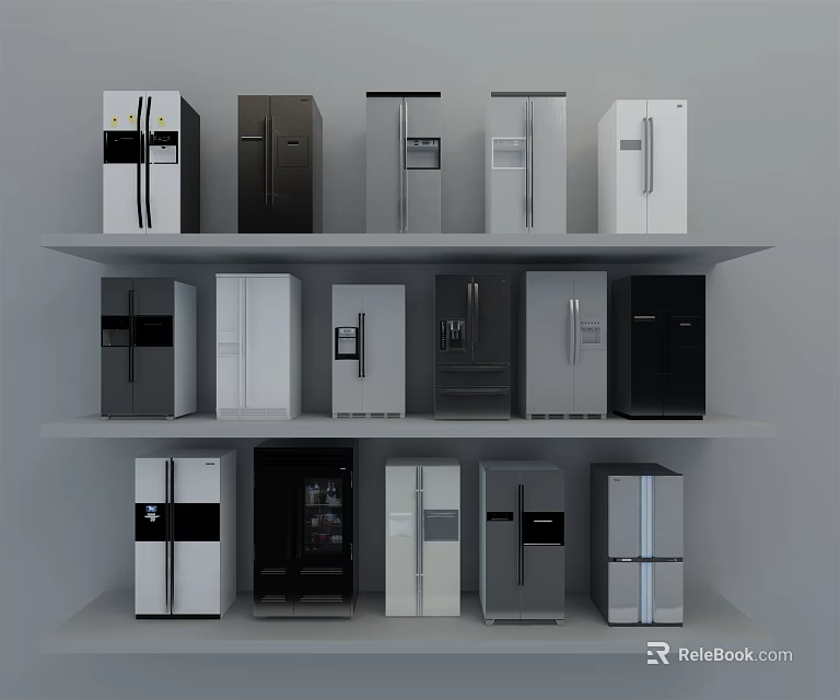 Refrigerators and Freezers Displayed on Multiple Shelves in Black White Gray with Different Styles 3d model 