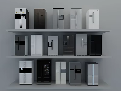 Refrigerators and Freezers Displayed on Multiple Shelves in Black White Gray with Different Styles 3d model