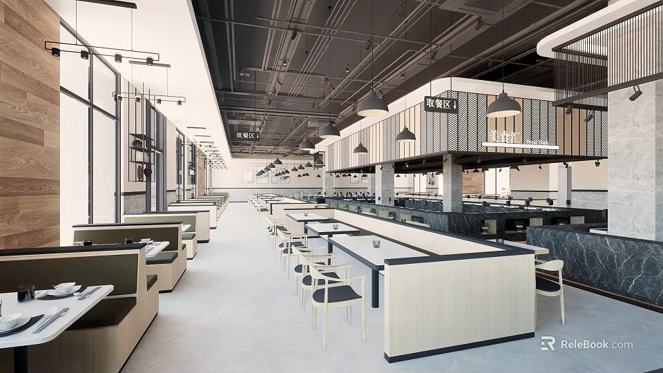 Modern Restaurant Interior With Open Layout Dining Tables Chairs Pendant Lights And Bar Counter 3d model 