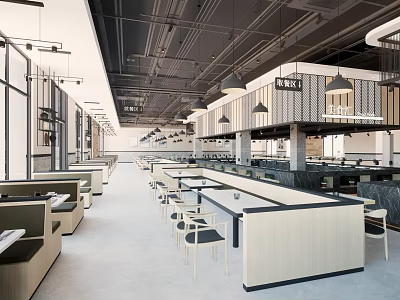 Modern Restaurant Interior With Open Layout Dining Tables Chairs Pendant Lights And Bar Counter 3d model