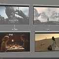 Four Projector Screens Displaying Various Scenes Including Dramatic Figures Mountain Dining And Desert 3d model