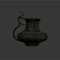 Ancient Bronze Sculpture Vessel With Curved Handle And Intricate Carved Patterns