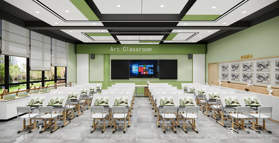 School Art Classroom Interior Design With Green White Walls Student Desks And Digital Blackboard 3d model 