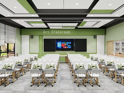 School Art Classroom Interior Design With Green White Walls Student Desks And Digital Blackboard 3d model