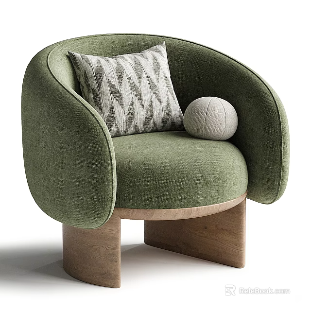 Green Fabric Single Sofa With Curved Armrest Geometric Pillow Round Decorative Ball And Wooden Legs 3d model 