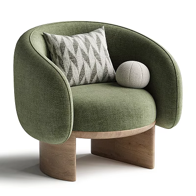 Green Fabric Single Sofa With Curved Armrest Geometric Pillow Round Decorative Ball And Wooden Legs 3d model