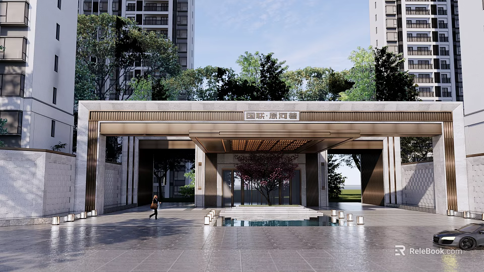 Modern Building Exterior Facade With Entrance Portico Water Pool And Trees 3d model 