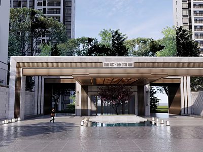 Modern Building Exterior Facade With Entrance Portico Water Pool And Trees 3d model
