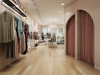 Clothing Store Interior with Hanging Clothes Wooden Flooring Arched Doorways Pink Curtains and Elegant Lighting 3d model