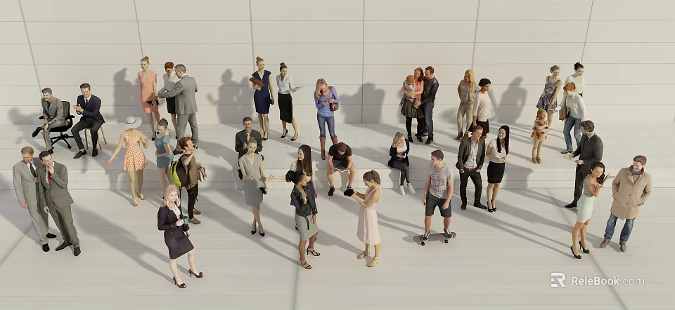 Group of People Standing and Interacting in Front of White Background With Various Outfits 3d model 