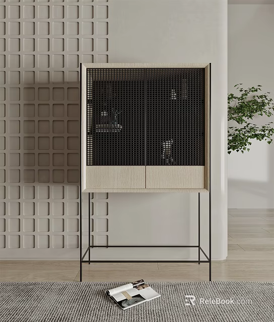 Modern Entryway Side Cabinet with Wooden Mesh Door Metal Frame and Drawer 3d model 