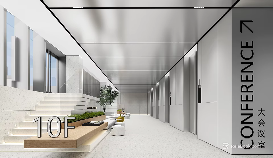 Modern Reception Desk Area On 10F With Sofa Green Plant And Spacious Lighting 3d model 