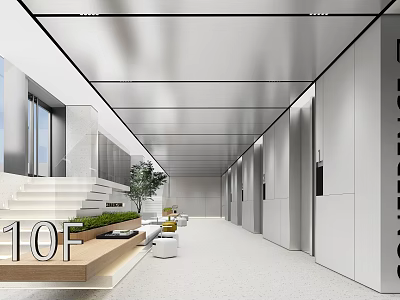 Modern Reception Desk Area On 10F With Sofa Green Plant And Spacious Lighting 3d model