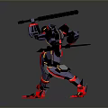 Mecha Robot Character In Battle Stance With Black Red Yellow Armor And Sword