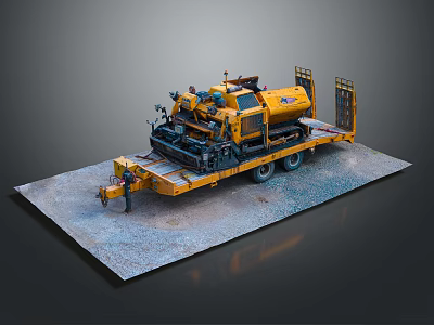 Yellow Utility Vehicle for Road Construction with Paving Machinery and Trailer 3d model