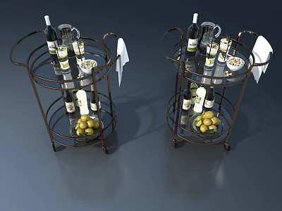 Two Modern Landscape Sculptures With Metal Frame Wine Bottles Glasses Fruits And Towels 3d model