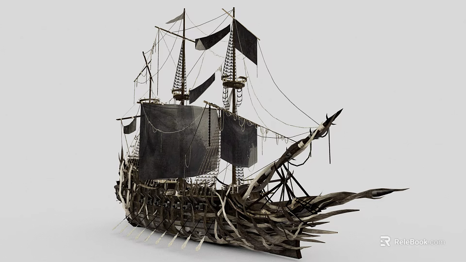 Fantasy Style Ship With Black Sails And Spiked Structure 3d model 