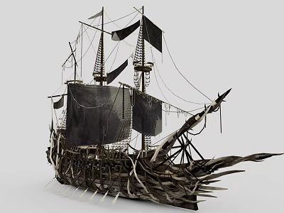 Fantasy Style Ship With Black Sails And Spiked Structure 3d model